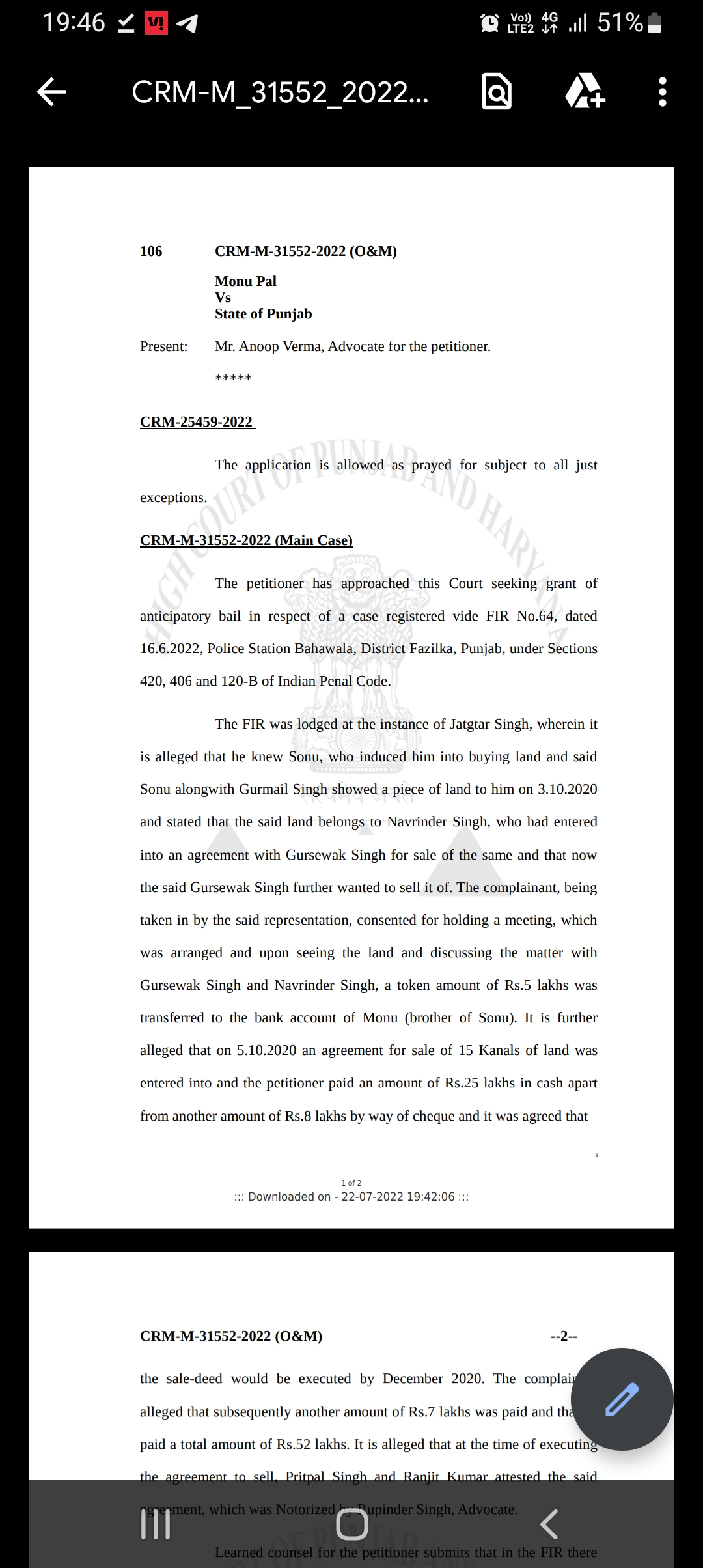 Grant Of Anticipatory Bail U/s 420 & 406 IPC - Verma Law Associates